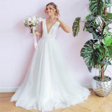 Wish White Dress Mesh New Set Of Noodle Wedding Dress Sexy V Collar Bare Back HZ0517