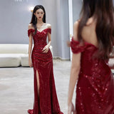 Fishtail Toast Bridal Wine Red Open Fork Engagement Dress Dress Squins Shoulder Host Senior Sense HZ0517