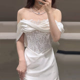 One-Word Shoulder-Senior Silk Dress Bridal High-Senal French Simple Lace Yarn Fishtail Dress HZ0517