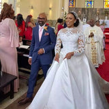 2026 Spring New Meat Color Lace Mesh Wedding Dress African Bride Long-Sleeved Diamond Decorated Big Tail White Wedding Dress HZ0517
