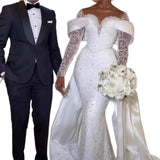 New Wedding Dress Grid Shoulder-Squining Long-Sleeved Heavy Industry Tail Bride Main Yarn Wedding Party HZ0517
