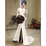 French One-Word Shoulder-To-Night Dress Sexy Open-Fork White Art Test Solo Performance Suit Waist Fish Tail Small Tail Light Marriage HZ0517