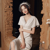 French Light Wedding Dress Women's New Deep V-Neck White Simple French-Style Faucet Large-Size Temperament Banquet Dress HZ0517