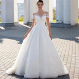 One-Word Shoulder Wedding Dress Princess Aristocratic Temperament Luxury Lace Shiny Heavy Industry Wedding Dress HZ0517