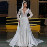 Light Wedding Bride 2026 New White Thin Fishtail Tug Lace Long Sleeve Simple Welcome Dress Dress HZ0517