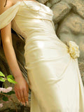 French White Light Wedding Dress Shoulder Flower Dress Slim Thin Banquet Dress Long Dress HZ0517