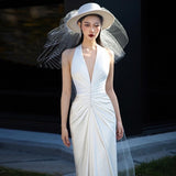 French Light Wedding Dress Bride Simple Temperament Of The Fascling Stern V. Collar Pat The Yarn White Hanging Neck-Lout Dress HZ0517