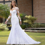 Main Wedding Dress 2026 New White Sexy European-Style Fishtail Word Shoulder Long Sleeve Leakage Back Tail Wedding Dress HZ0517