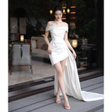 West Queen's Light Wedding Dress Short Simple White One-Word Shoulder Welcome Yarn Bridal Registration Dress Can Be Worn Daily HZ0517