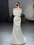 French Light Wedding Dress 2026 New Simple Shoulder-Swear Long-Sleeved White Fishtail Engagement Dress Dress HZ0517