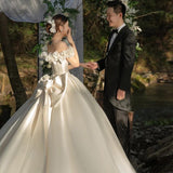One-Word Shoulder-Sand-Faced Main Wedding Dress 2026 New White Bridal Seny Super Fairy Temperament Out Of Yarn Big Tail Wedding Dress HZ0517
