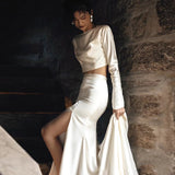 French Long-Sleeved Light Wedding Dress Hepburn Style Temperament Slim Fish Tail Showing Thin Back Simple Welcome Tailed Simplicity HZ0517