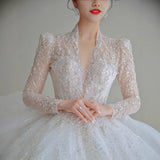 Long-Sleeved Wedding Dress 2026 New Bridal Heavy Industry Big Tail French Small Starry Sky Deep V Court Style Wedding Dress HZ0517