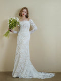 French Lace Elegant Temperament Shoulder Long-Sleeved Fish Tail Thin Bride Outdoor Lawn Wedding Dress Wedding Dress HZ0517