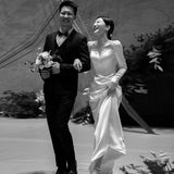 Light Wedding Dress Densate Simple Hepburn Style Light Long-Sleeved Fishtail Yarn 2025 New Bare Back Dress Winter HZ0517