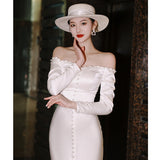 One-Word Shoulder-Sand-Socket French Light Wedding Dress Simple White Thin Fish Tail Long Sleeve 2025 New Banquet Dress HZ0517
