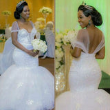 Hot African Bride Sexy Waist Fishtail Ponp Horn Wedding Dress Shoulder Temperament Go Out Yarn Evening Dress HZ0517