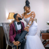African Mermaid Bridal Wedding Dress High-Necked Lace Poster Long-Sleeved Bridal Dress Lady Official Party Dress HZ0517