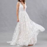 Simple V Collar Sleeveless Lace Pattern White Wedding Dress 2026 New Sexy Self-Scuffy Dress HZ0517