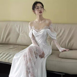 French-Style Silk Dress Light Luxury New Bridal Lace A Word Shoulder Light Dress Small Out Of The Yarn HZ0517