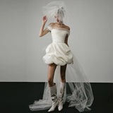 One-Word Shoulder-To-Shoulder White Short Simple French-Style Seduced Dress Small Man Engagement Certificate Registration Dress HZ0517