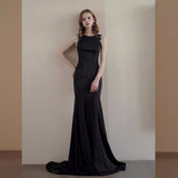 Black Evening Dress Women's New Long-Term Host's Annual Temperament Can Usually Wear A Thin Lace Bare Back HZ0517