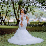 White Mermaid Wedding Dress Transparent Beaded Selet Layer Bridal Dress Dress Lace Long Sleeve Retro HZ0517