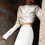 French Long-Sleeved Light Wedding Dress Hepburn Style Temperament Slim Fish Tail Showing Thin Back Simple Welcome Tailed Simplicity HZ0517