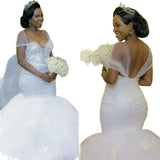 Hot African Bride Sexy Waist Fishtail Ponp Horn Wedding Dress Shoulder Temperament Go Out Yarn Evening Dress HZ0517