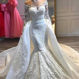 White Mermaid Wedding Dress Removable Tulle Long-Sleeved Lace Beaded Shiny Long Wedding Dress HZ0517