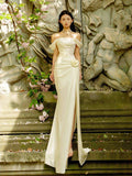 French White Light Wedding Dress Shoulder Flower Dress Slim Thin Banquet Dress Long Dress HZ0517