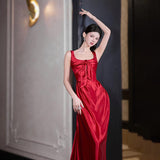 High-End Feeld Dingy Toasting French Wine Red Morning Dress Female Wedding Dress Sling Wedding Dress HZ0517