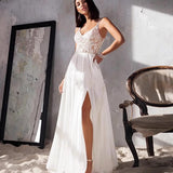 Wedding Dress 2026 New V-Neck High Fork Chiffon Lace Flowering Fine Shoulder Strap Dress HZ0517