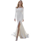 One-Word Shoulder-To-Shoulder Dress Tailed Long Sleeves Slimning Simple White Birthday Party Fishtail Dress Dress Woman HZ0517