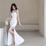 White Evening Dress Dress Light Luxury Niche Design Woman's New 2025 Explosive Temperament One-Shoulder Fishtail Host Summer HZ0517
