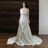 French One-×Ö Shoulder Lace Long-Sleeved Light Wedding Dress High-End Feeld With The Sedable Noodles Small Tail Welcome Dress Dress Bride Go Out Yarn HZ0517