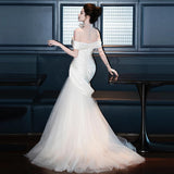 One-Word Shoulder French Light Wedding Dress Super Fairy Small Luxury Fish Tailsen Dress Senior Feeling Bride Welcome Out Of The Yarn HZ0517