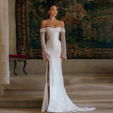 French Light Wedding Dress Bride Senior Sense Small Sen Family Elegant Shoulder Long-Sleeved Lace Fishtail Dress HZ0517
