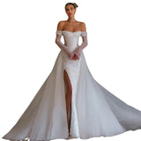French Light Wedding Dress Bride Senior Sense Small Sen Family Elegant Shoulder Long-Sleeved Lace Fishtail Dress HZ0517