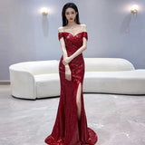 Fishtail Toast Bridal Wine Red Open Fork Engagement Dress Dress Squins Shoulder Host Senior Sense HZ0517