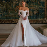 French Light Wedding Dress Bride Senior Sense Small Sen Family Elegant Shoulder Long-Sleeved Lace Fishtail Dress HZ0517