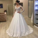 2026 New Temperament Bridal Woman Deep V-Neck Simple Long-Sleeved Lace Slimming Main Wedding Dress HZ0517