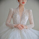 Long-Sleeved Wedding Dress 2026 New Bridal Heavy Industry Big Tail French Small Starry Sky Deep V Court Style Wedding Dress HZ0517