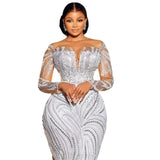 Wedding Dress Woman's New Light Luxury Heavy Industry Nails Fish Tail Long Sleeve Deep V Body-Tailed Bridal Main Wedding Dress HZ0517