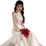 French Light Wedding Dress Bride Retro Feeling Welcome Yarn Temperament Hanging Neck Lace Fishtail Morning Dress Dress Female HZ0517