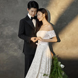 White French Lace Light Wedding Dress Bridal New Travel Photography Sen Series Simple Dress A Word Shoulder Welcome Out HZ0517
