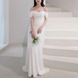French Light Wedding Dress Bride Simple Temperament Shoulder-Sand-Faced Go Out Of The Syarn White Sling With Fishtail Dress Skirt HZ0517