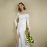 One-Word Shoulder Long Sleeves And Two Elegant Fishtails And Bridal Wedding Lawn Tour HZ0517