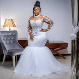 African Mermaid Bridal Wedding Dress High-Necked Lace Poster Long-Sleeved Bridal Dress Lady Official Party Dress HZ0517