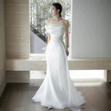 French One-Word Bridal Wedding Dress High Quality High-Quality Light Luxury Niche Temperament White Fishtail Welcome Yarn HZ0517